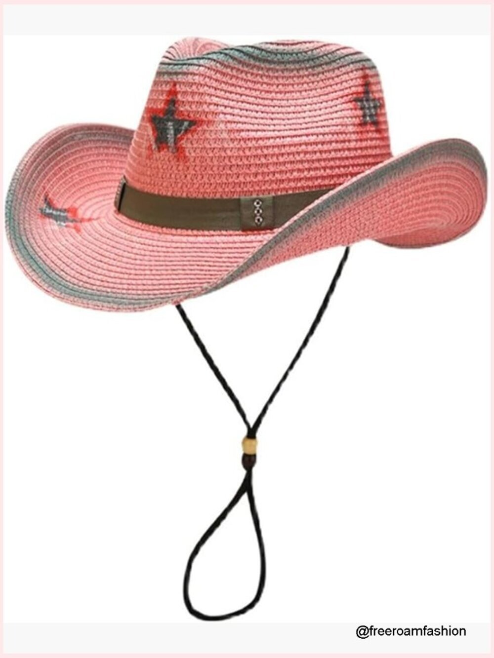 Pink Straw Cowboy Hat with Star Print, Shapeable Brim, Adjustable Chin Cord